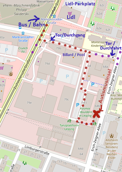 Anfahrt zur psychotherapeutischen Praxis von Autismusinsel (Tanja Mysicka) in Leipzig-Plagwitz. Autismusspezifische Angebote wie Beratung und Coaching (online und vor Ort in Leipzig), Autismustherapie und autismussensible Psychotherapie.